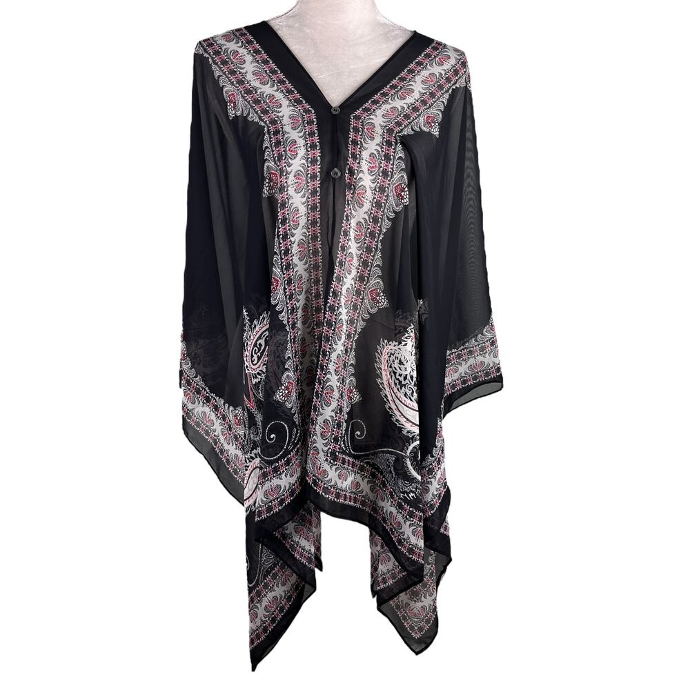 J Jill Poncho Two Way Semi Sheer Chiffon Multicolor Black Boho OS - Picture 10 of 16